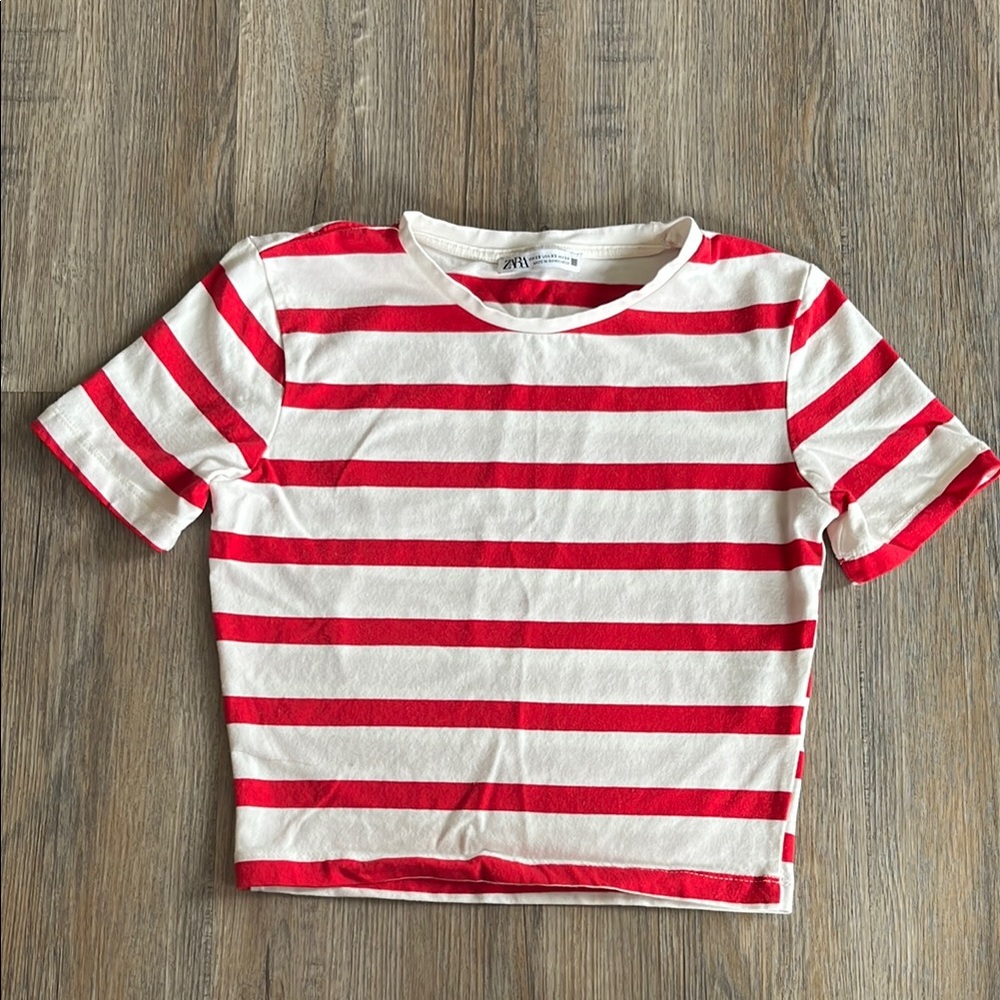 Zara Red and White Striped Short Sleeve Tee